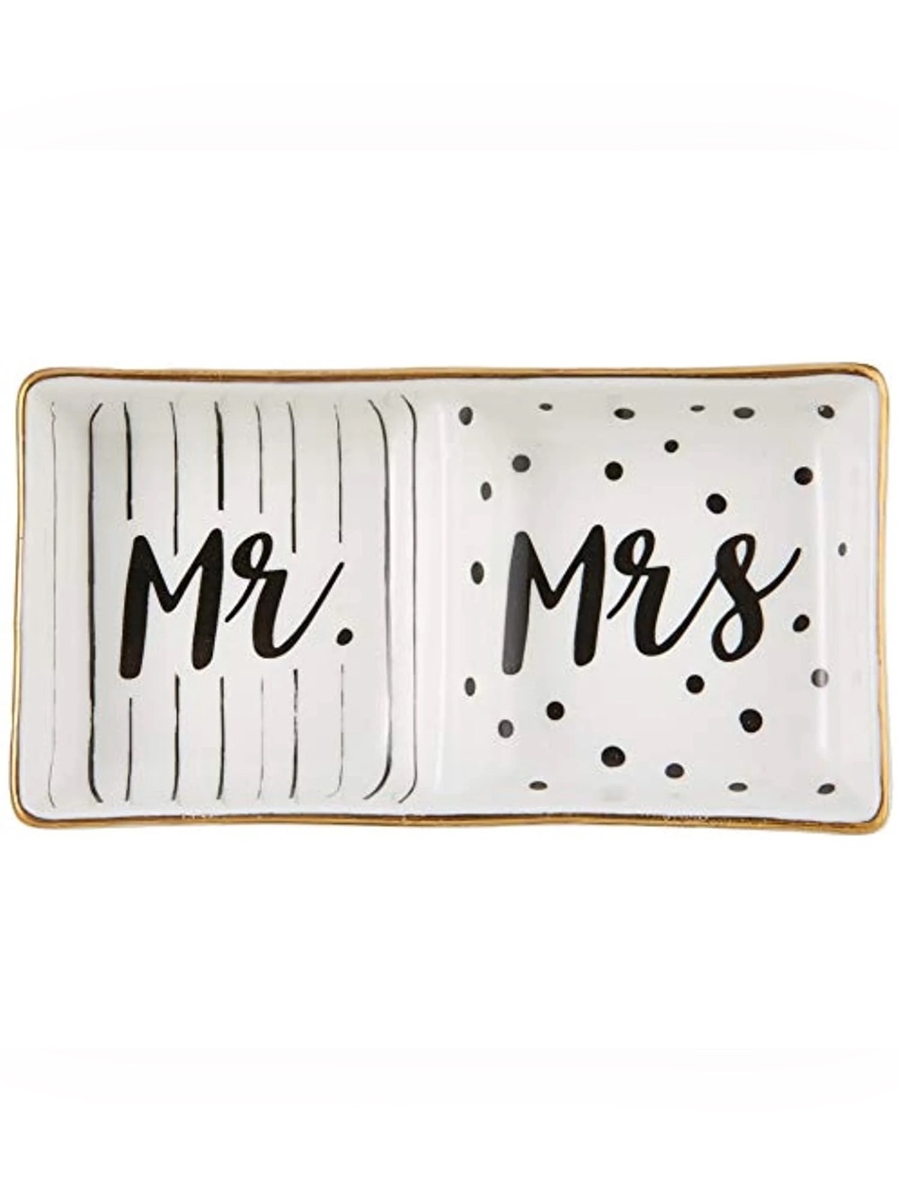 Mr. & Mrs. Ceramic Trinket Dish - White with Black Script and Gold Rim